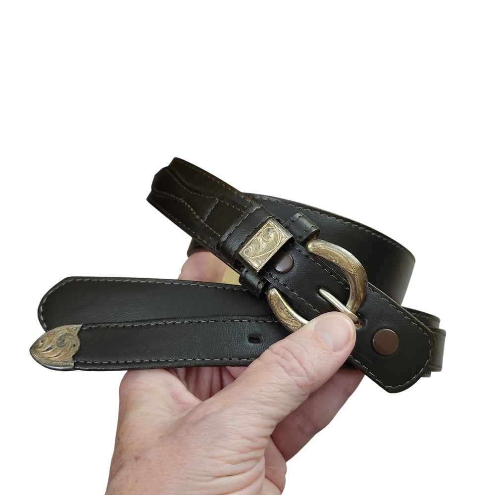 Tony Lama Mens 36 Western Brown Leather Belt Silver Engraved Buckle Tip USA